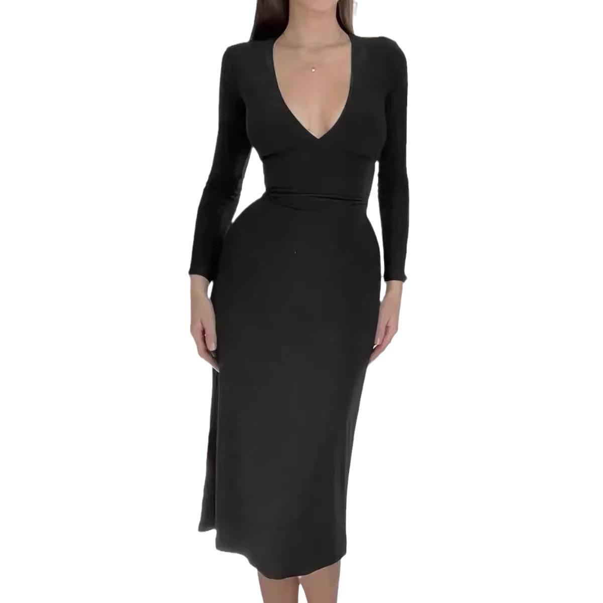 

Узкое платье в европейском и американском стиле с V-образным вырезом и длинными рукавами - сексуальная однотонная модная длинная юбка XL чёрный