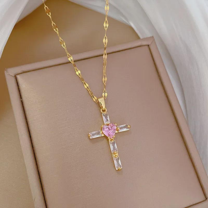Titanium Steel Pink Cross Sparkling Diamond Necklace - Elegant, Versatile Clavicle Chain for Women