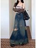 American Retro Plus Size Ripped Denim Midi Skirt for Women - High Waist, Slimming, Niche Design