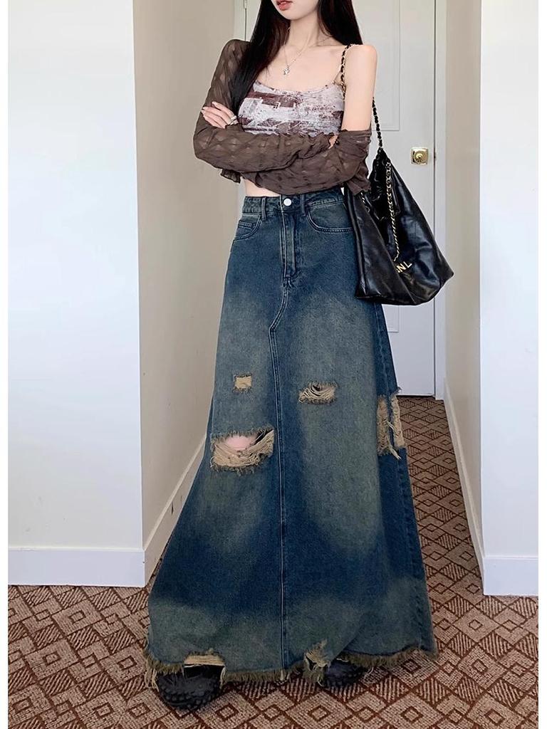 American Retro Plus Size Ripped Denim Midi Skirt for Women - High Waist, Slimming, Niche Design