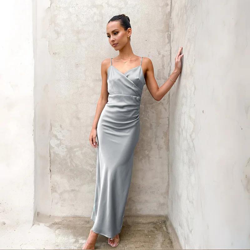 

Женское однотонное платье с V-образным вырезом на спине и облегающим силуэтом Женское сексуальное платье без рукавов с разрезом на тонких бретельках 2024 Весна Лето Новое платье XL серый