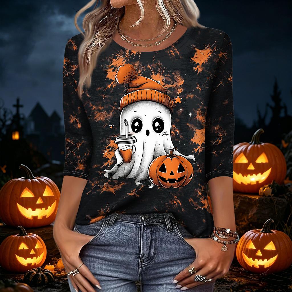 Women's Casual 3/4 Sleeve Halloween Print Neck Top