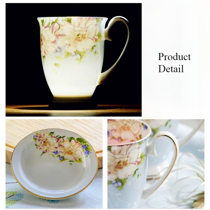 300ml Bone China Coffee Mugs- Blue Pink Elegant Floral Tea Mug with Gold Trim, Large Capacity Ceramic Cup for Coffee Tea and Milk for Home Office