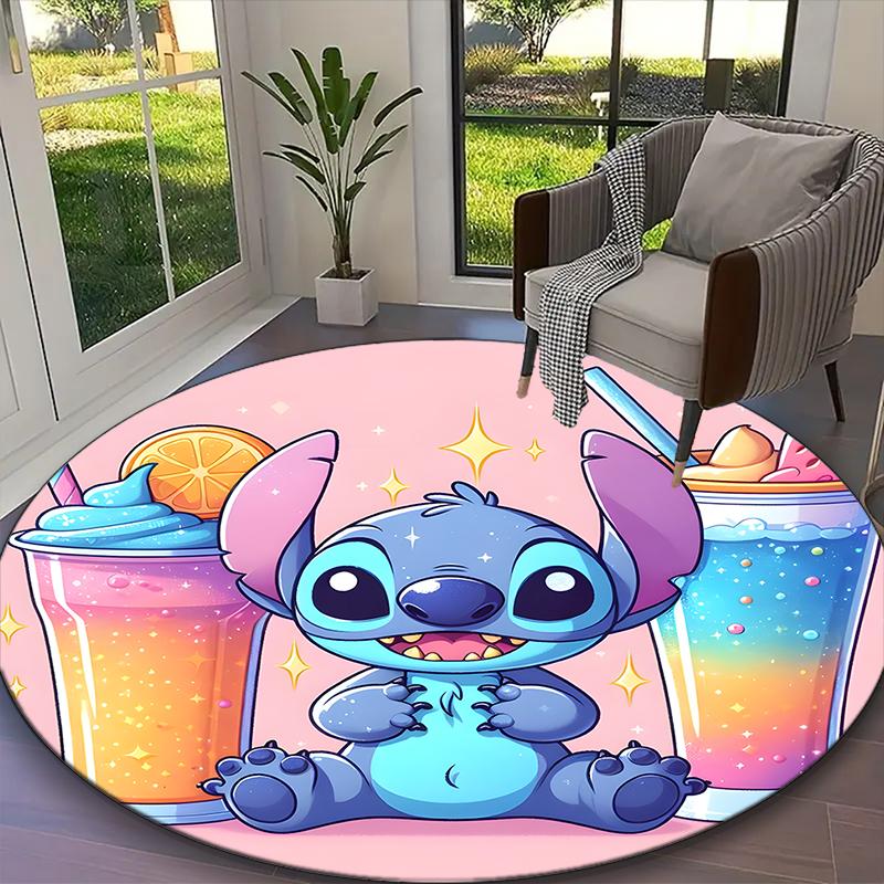 Stitch Blue Pink Drink Floral Carpet, Non-slip Office Chair Rug, Digital Print Home Round Rug, Unique Festival Decorations