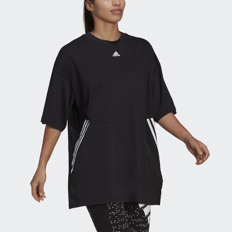 Adidas Oversized Tee With Training Striped Print Side Slits Round Neck Short Sleeve Drop Shoulder T-Shirt Women Tops Black H47488
