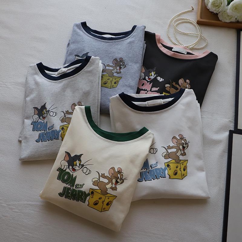 

Versatile 2025 Women s Cartoon Color Block Round Neck T-shirt One Size