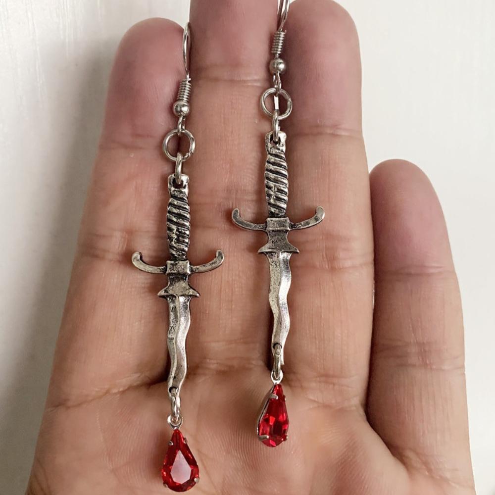 Personality Goth Sliver Color Knife Blood Sword Red Blood Drops Crystal Dangle Earrings for Women Men Hallowmas Jewelry Gifts