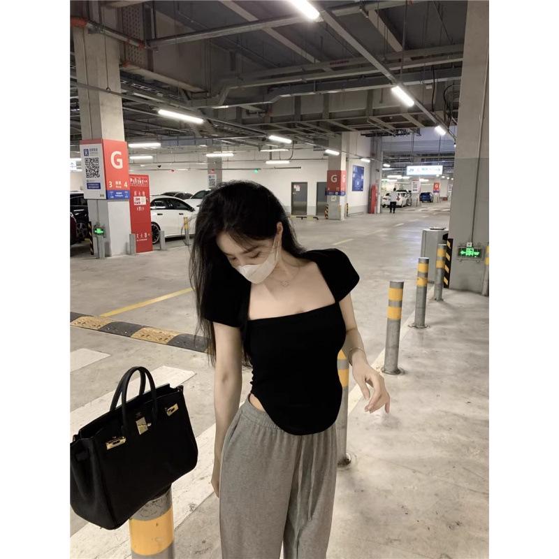 2026 Summer Women s Square Neck Solid Color Short Sleeve Slim Fit T-shirt Extra Large чёрный