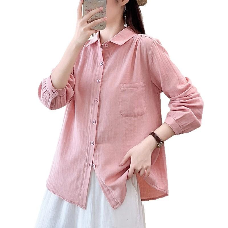 Spring and Autumn New Cotton Double-layer Cotton Yarn Long Sleeve Shirt Women's Versatile Skinny Simple Literary Japanese Retro Style Shirt