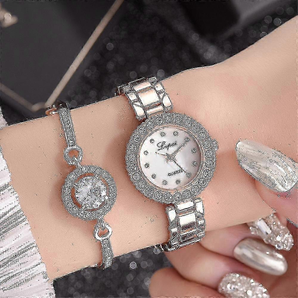 Women's Fashion Diamond Watch and Bracelet Two-Piece Set, Simple Quartz Watch Set, Rose Gold