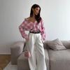 Women's Versatile Pink Plaid Loose Shirt with Removable Long Sleeves and Lapel