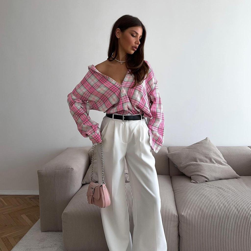 Women's Versatile Pink Plaid Loose Shirt with Removable Long Sleeves and Lapel