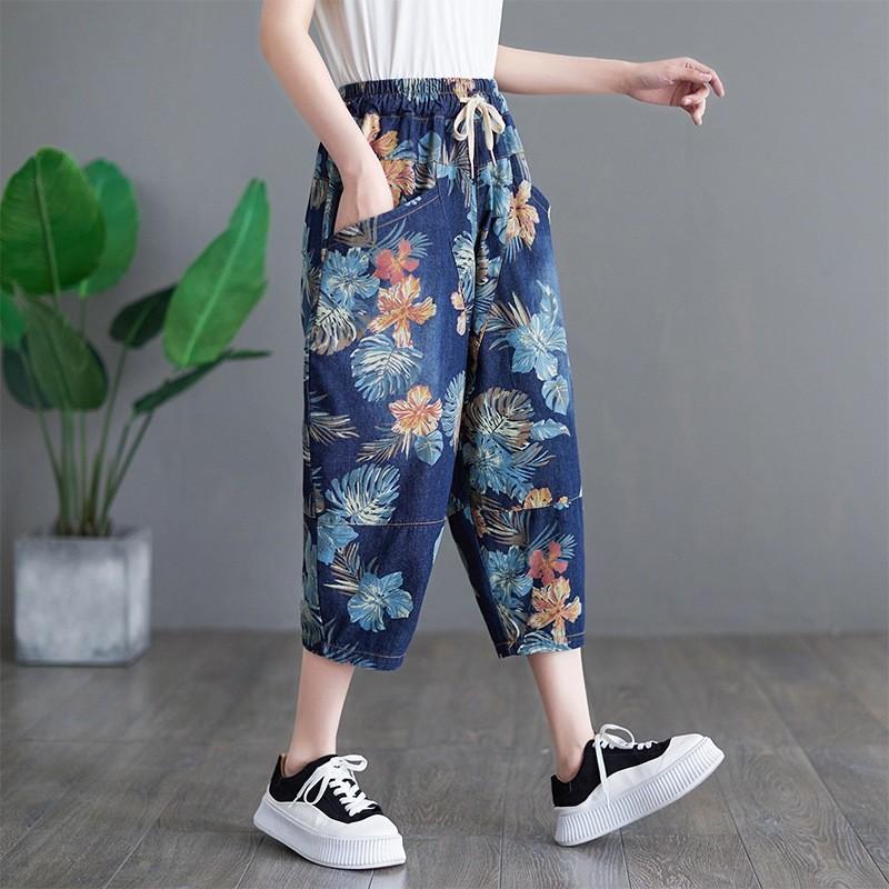 

Влітку 2025 року нові ретро літературно-художні великого розміру штани Харлан для жіночого еластичного пояса випрані джинсові укорочені штани для жінок 2XL синій