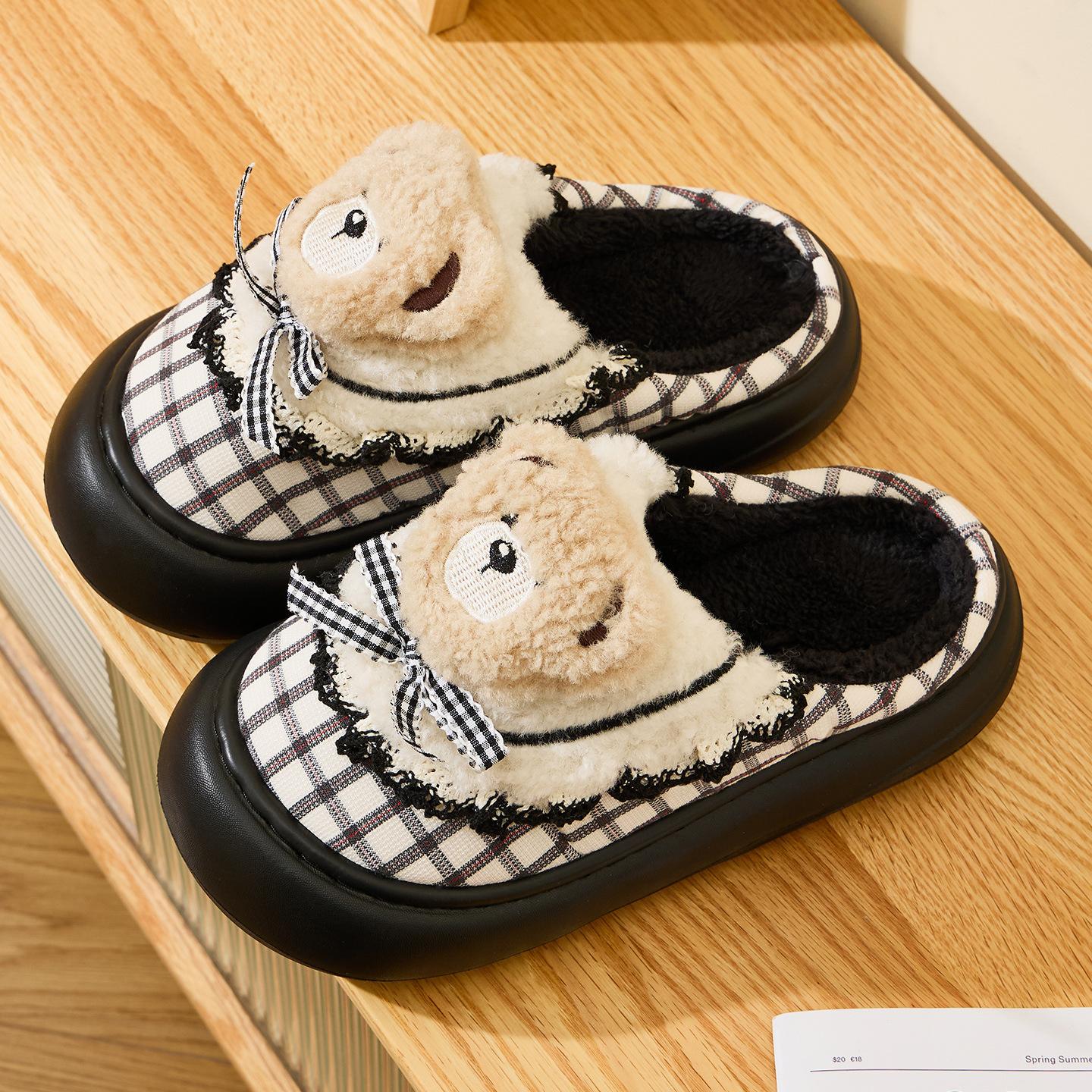 

Cute bear cotton slippers autumn and winter 2025 new indoor home thick bottom plush warm fluffy slippers 40-41 [Suitable for sizes 39-40]