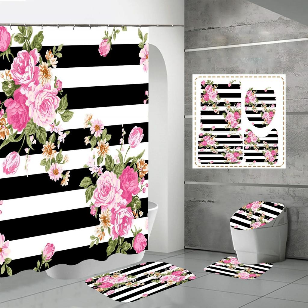 Red Rose Stripe Flowers Bathroom Shower Curtain Set Waterproof Polyester Washable Non-Slip Bath Mat Rugs Carpet Toilet Lid Cover