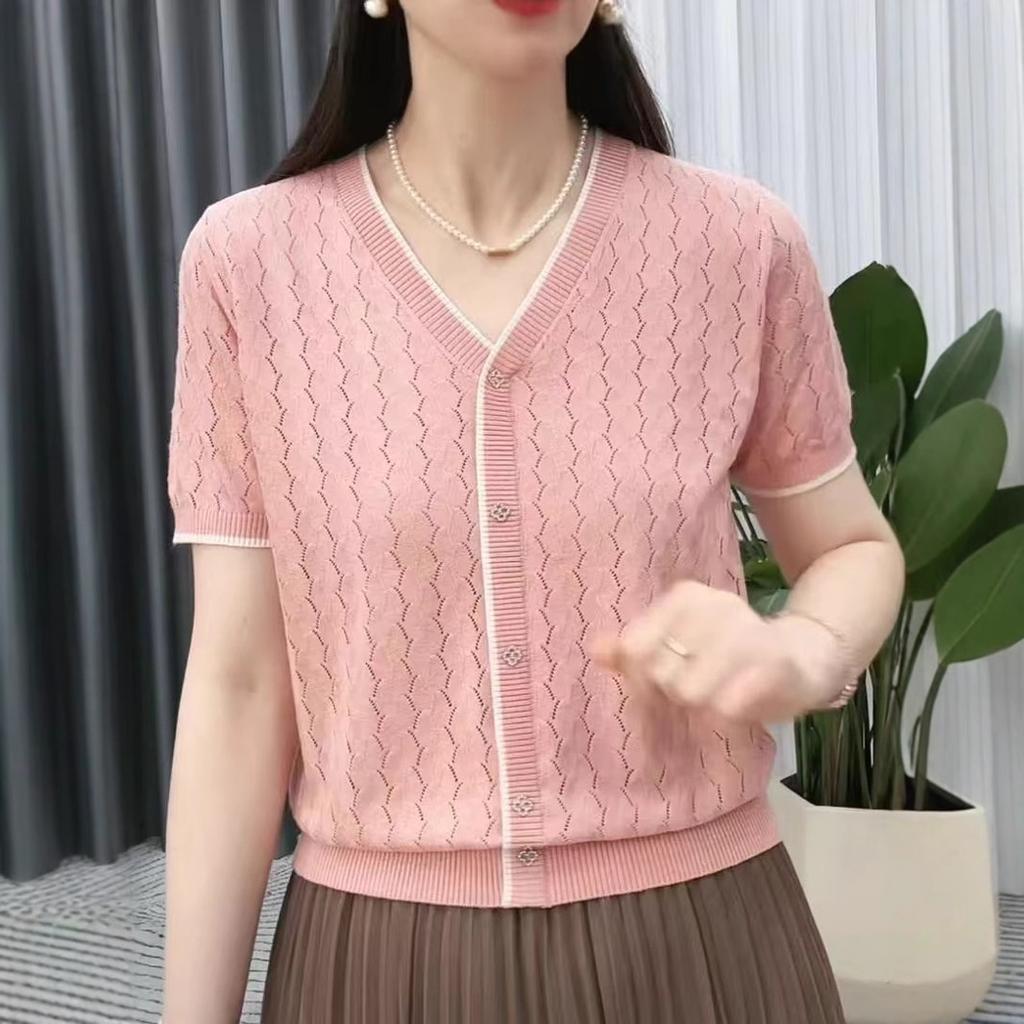 Hollow Knit T-shirt for Women Loose and Versatile Mom's Thin Top Summer T-shirt Pullover