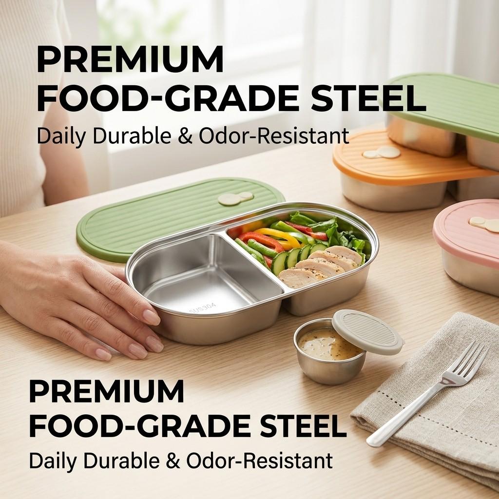 Portable Reusable Divided Lunch Box For Students 304 Stainless Steel Fruit Salad Food Container Sealed Bento Box With Sauce Box