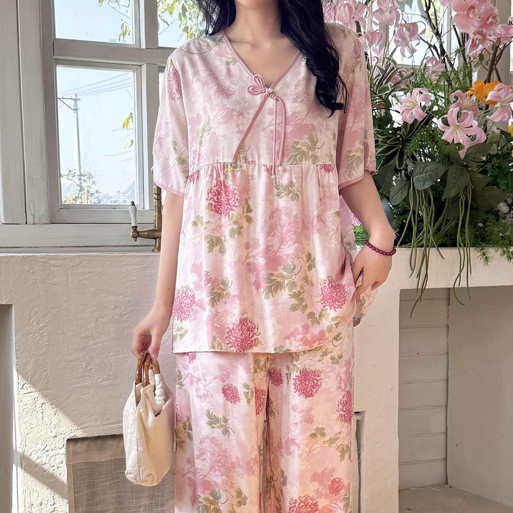 Miansilk family pajamas new national style suit loungewear fashionable new Chinese short-sleeved trousers suit thin can be worn outside