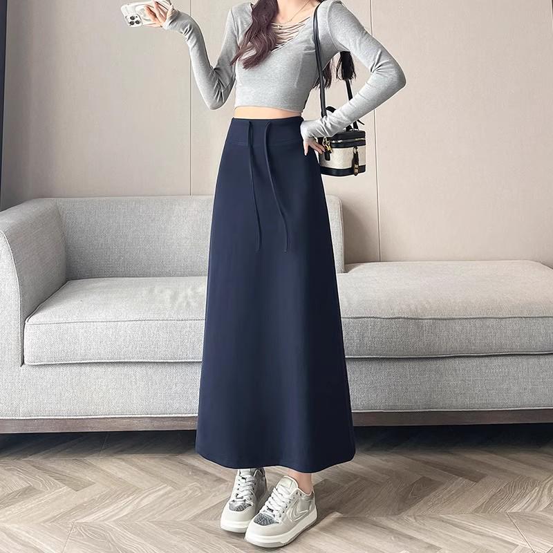 New 2025 Slimming Black High-Waisted A-Line Midi Skirt for Women - Early Autumn Versatile, Lazy Style
