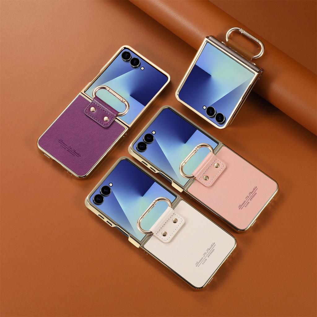 Luxury Business Ring Holder Leather Case for Samsung Galaxy Z Flip 7 6 5 4 5G Flip7 FE Flip6 Shockproof Electroplated Edge Cover