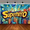 1 piece of superhero-themed background fabric, featuring colorful city scenes and star patterns