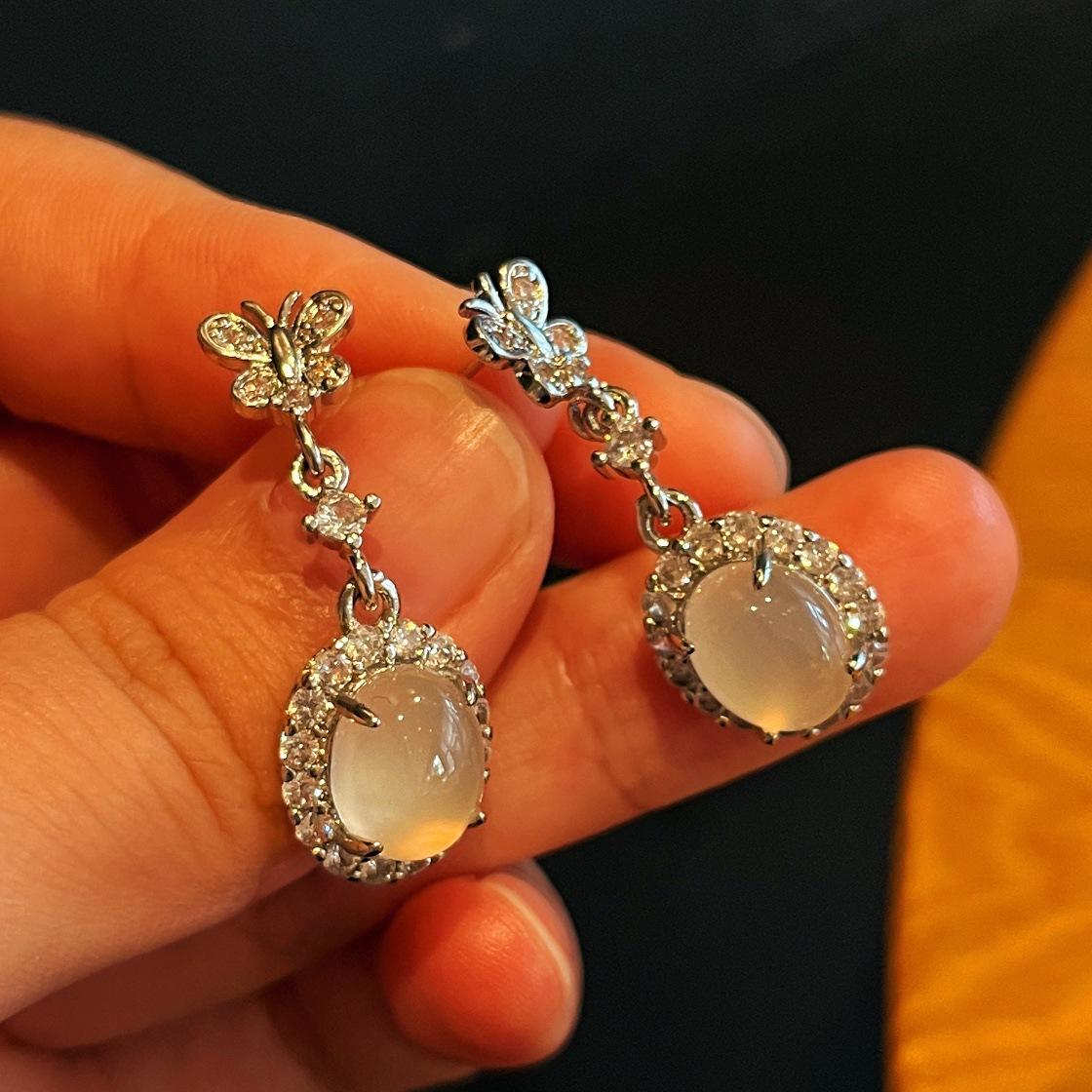Jade White Ice Light Natural White Chalcedony Earrings Agate Earrings, Real Shot
