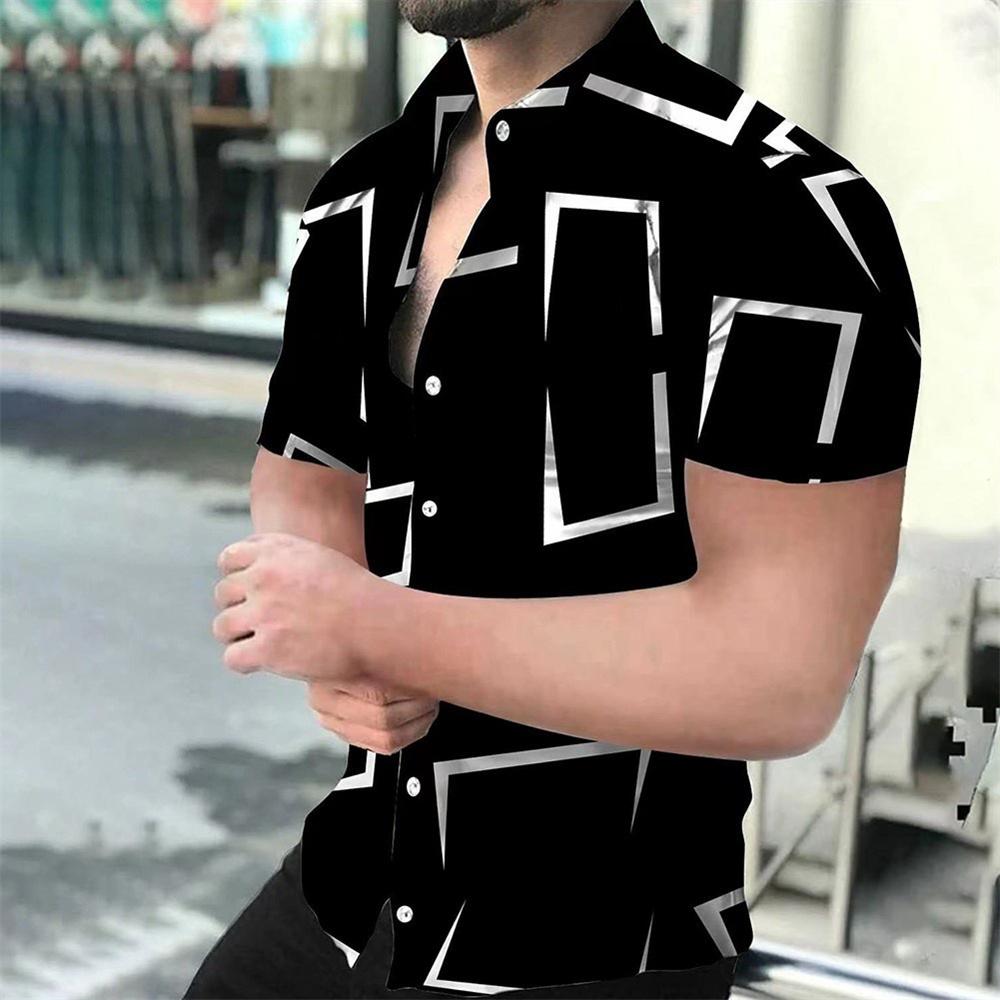 Men's Geometric Line Printed Shirt, Summer Casual Fashion, Lapel Button,Comfortable Fabric, Short Sleeve Shirt, 2024