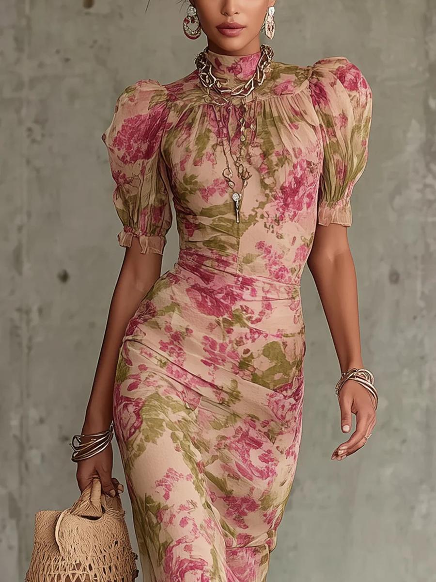 New French Bubble Sleeve Printed Slim Fit Long Dress Fashion Pleated Dress 2XL