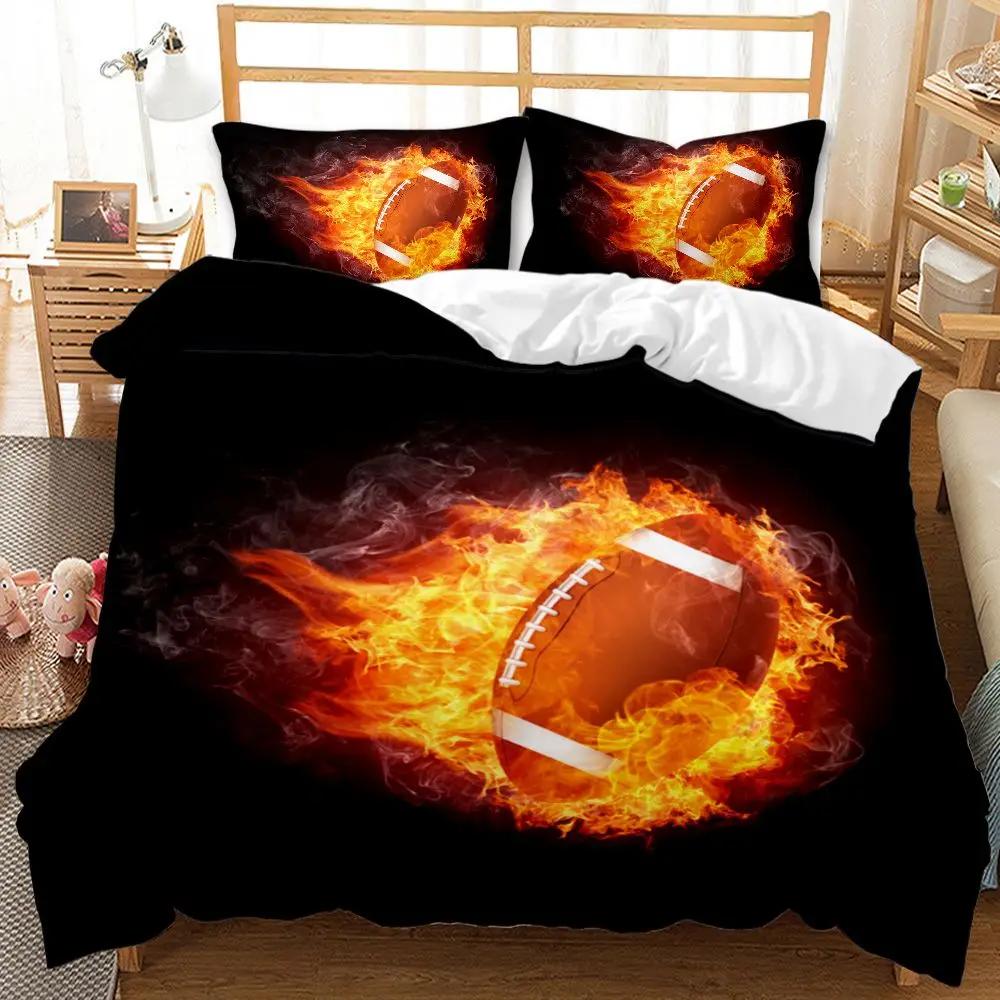 Football Duvet Cover Set Football with Fire Youth Sports Teens Bedding Set Football Double Queen King Size Polyester Qulit Cover