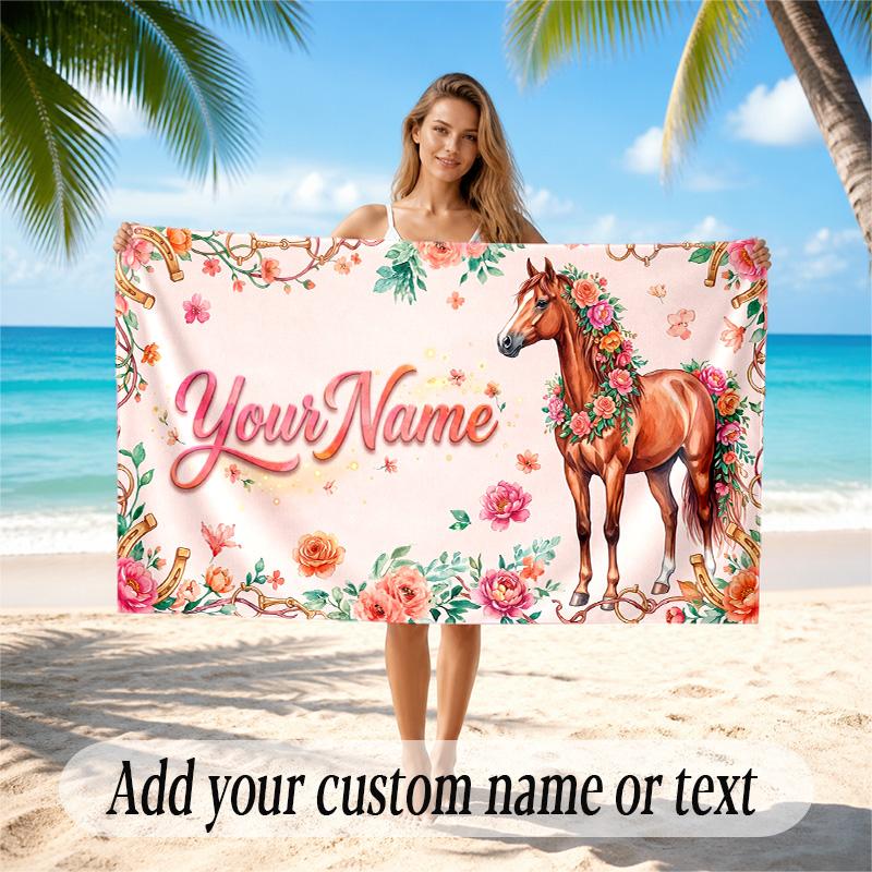 Horse Theme Quick Dry Beach Towel Custom Name Text Print Large Sand Resistant Towel Beach Vacation