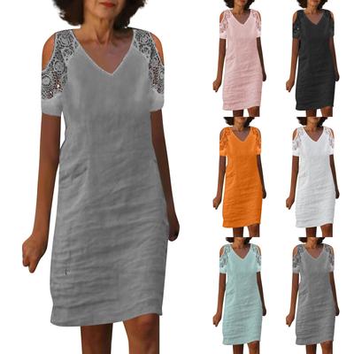 Dames Zomer Kant Inzet Jurk Korte Mouw V-Hals Pullover Strapless Effen Kleur Jurken