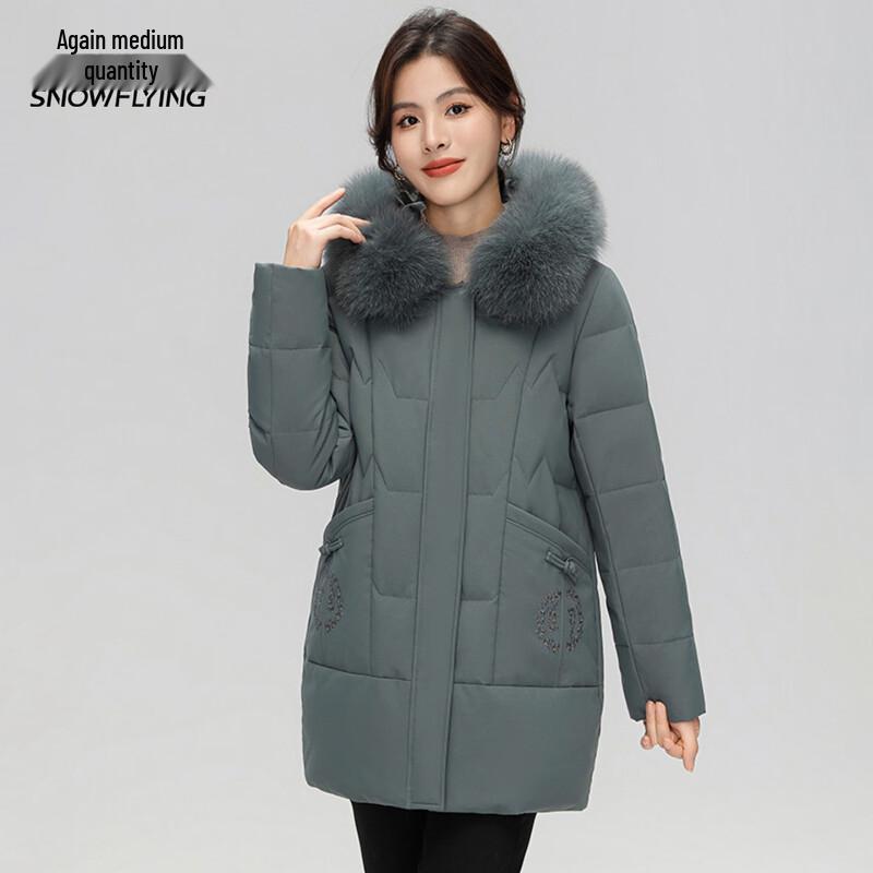 XueZhongFei Women's Mid-Length Hooded Down Jacket with Fox Fur Collar