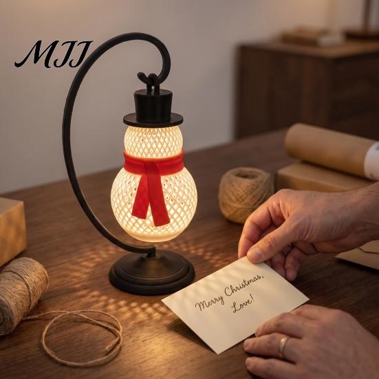 Unique Holiday Gift for Kids Christmas Snowman Lantern, 3D Printed Tabletop Lamp, LED Decorative Figurine with Stand Bedside Nightstand Lamp