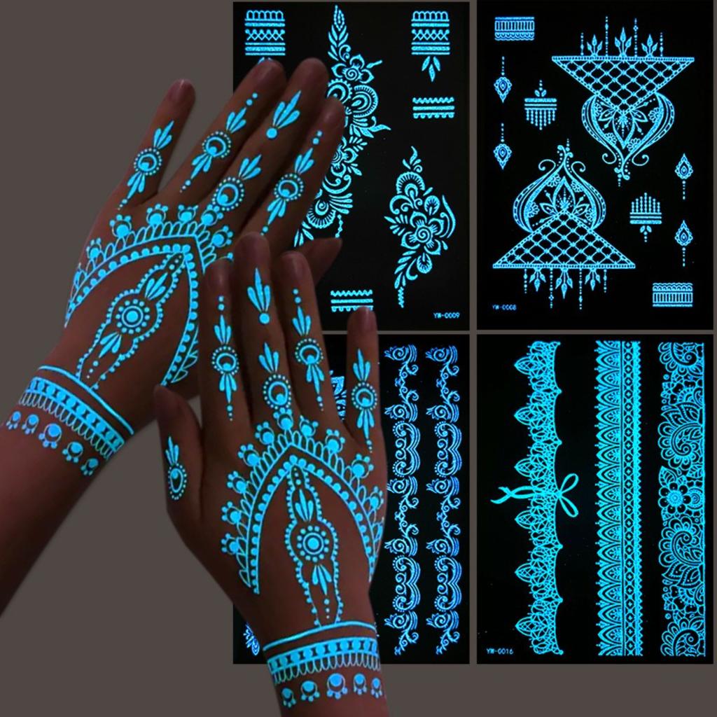 Glow In The Dark Indian Lace Tattoo Stickers - Henna Style Hand Body Art