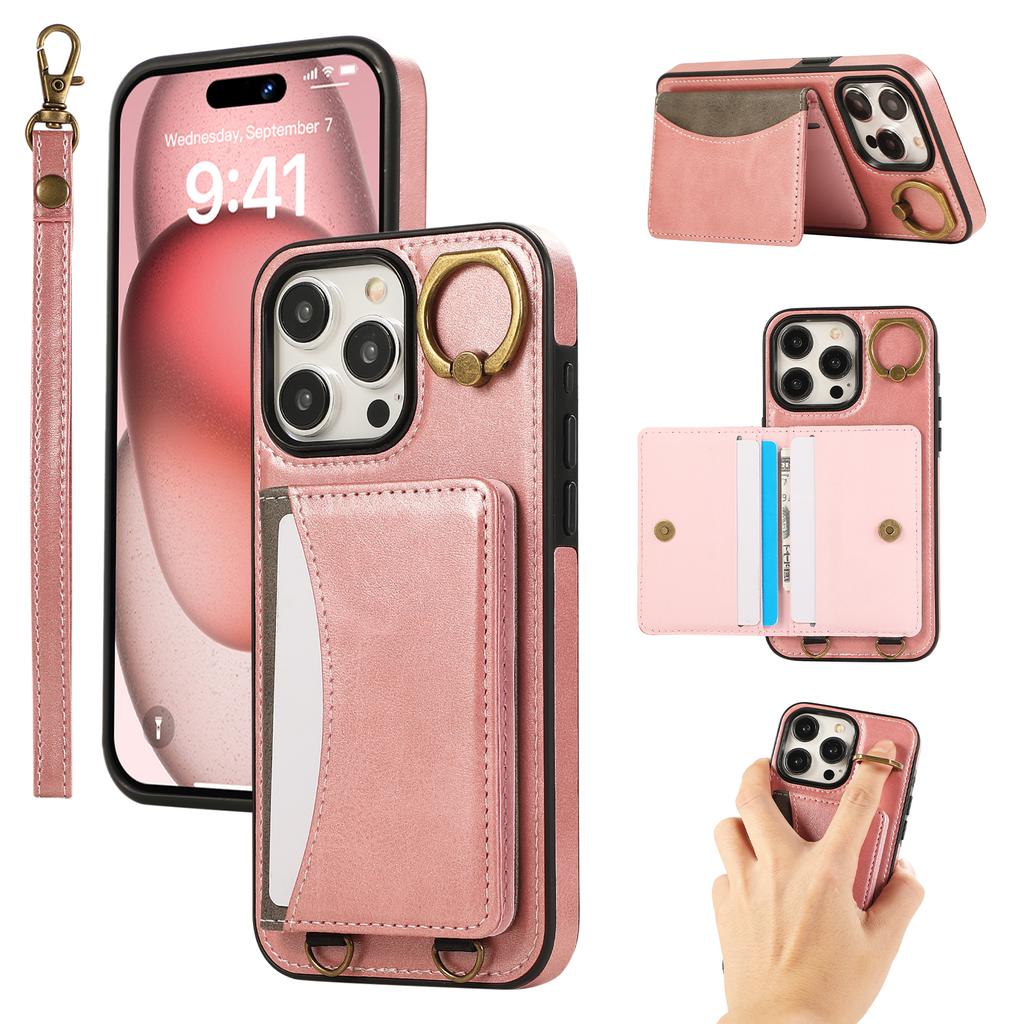 For iPhone 14 Pro Max PU Leather Back Case Card Holder Kickstand Phone Cover with Wrist Strap