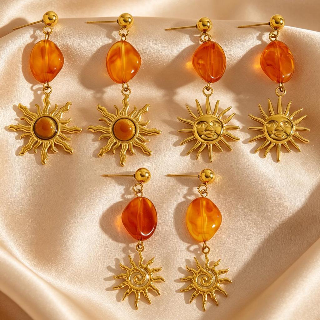 Vintage European Gold Sun Face Pendant Earrings with Amber Glass Tassel