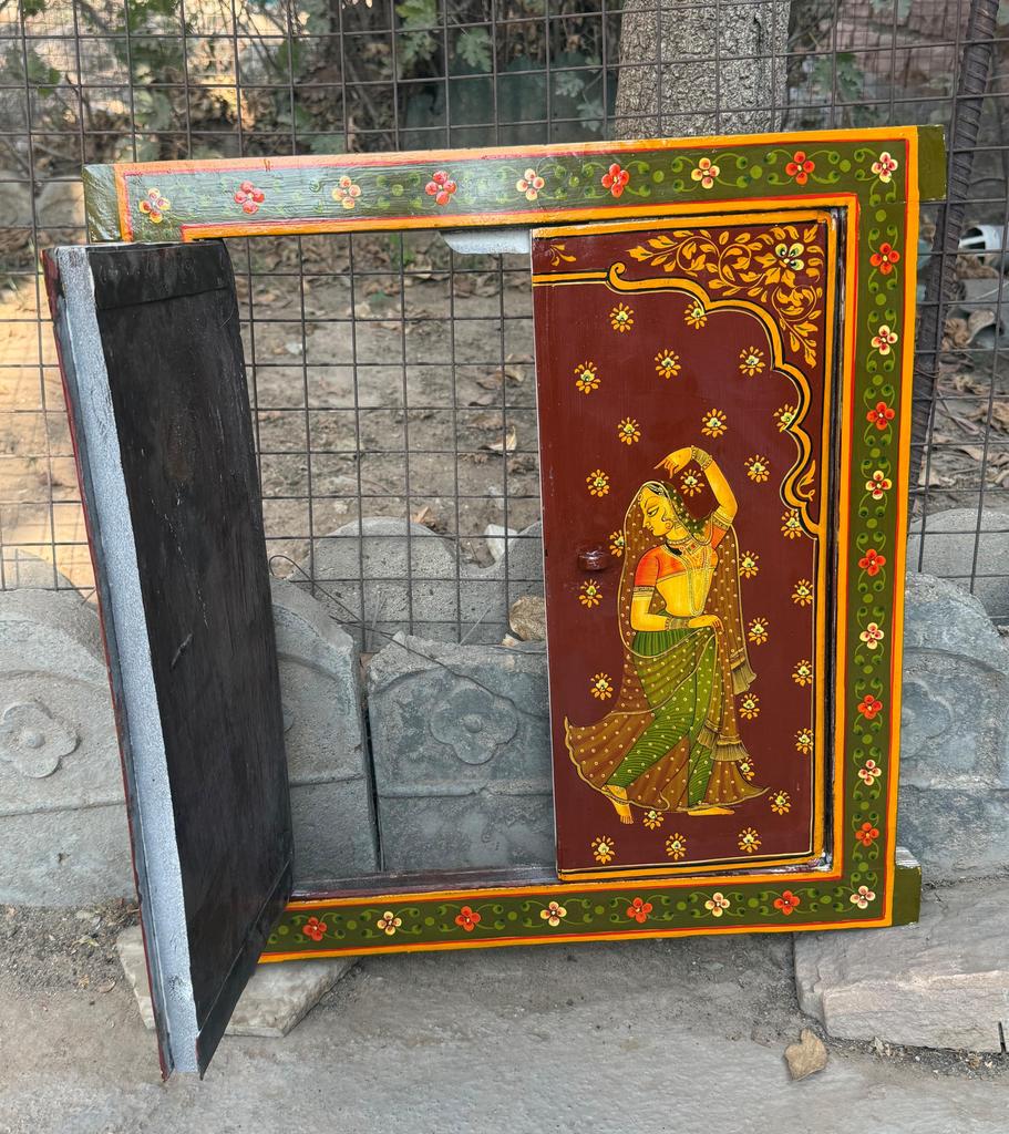 Retro Antique Wooden Window Panel Hand Painted Indian Religious Radha Krishna Frame