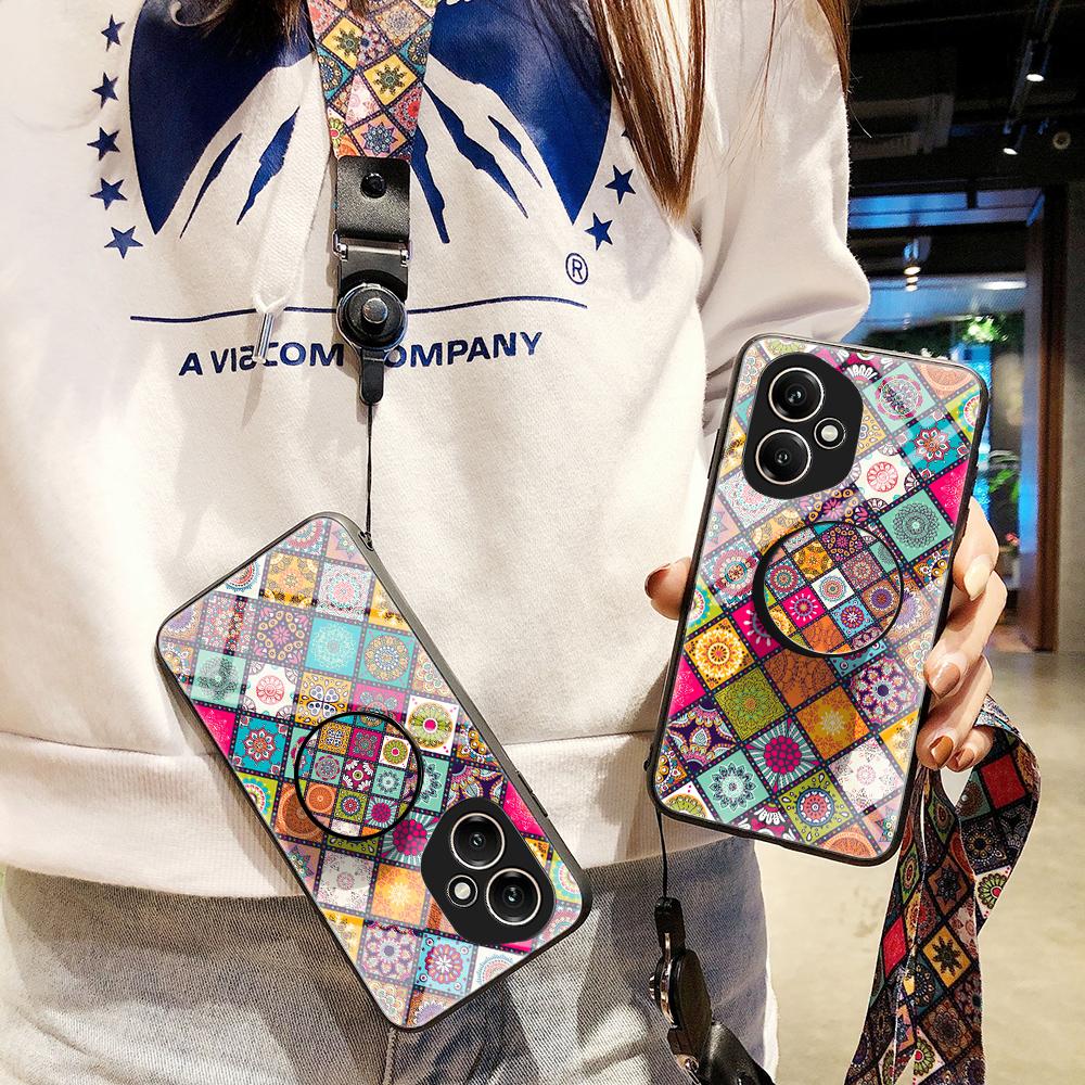 For Honor 400 5G (Global) Case Kickstand Ethnic Pattern Tempered Glass Phone Cover with Strap