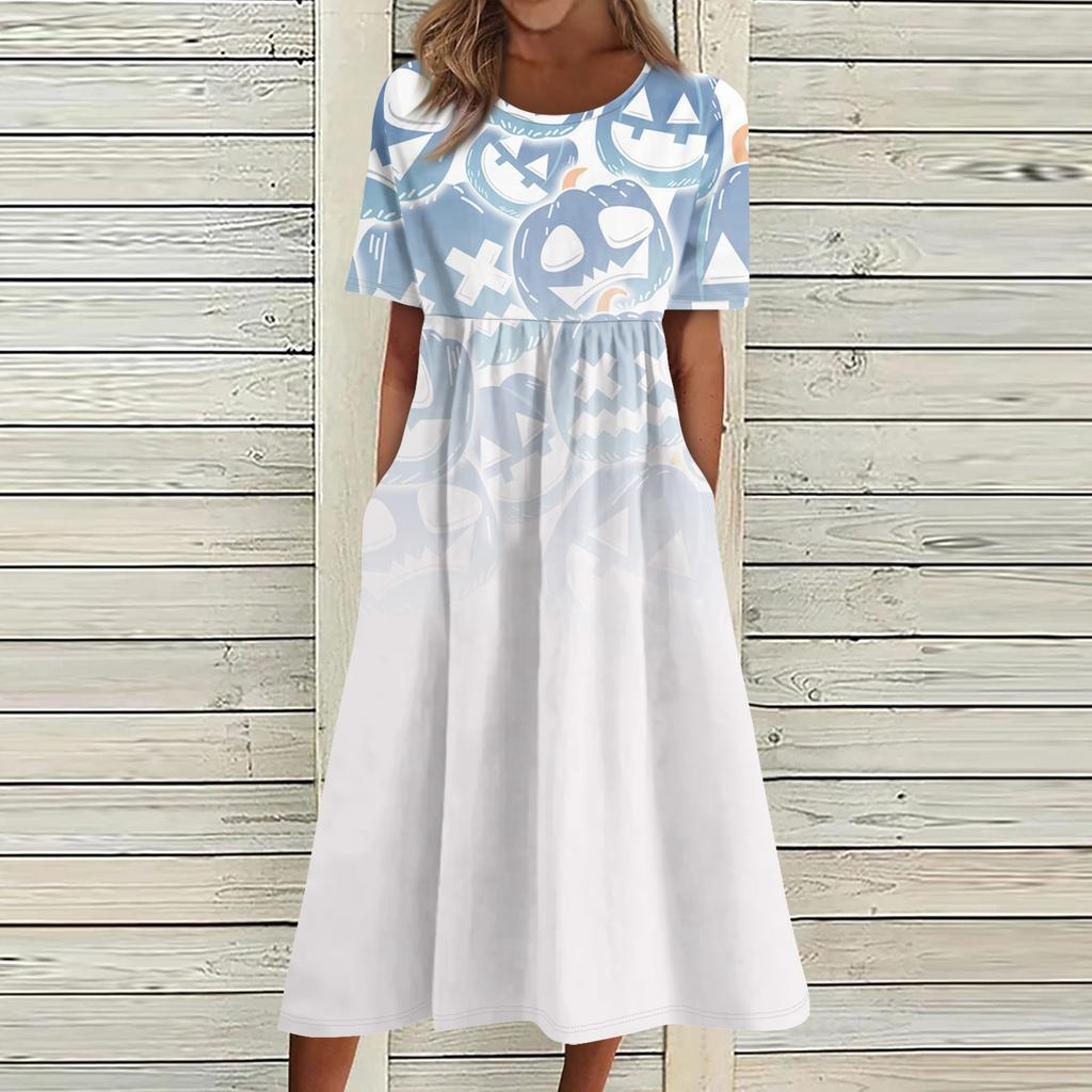 Summer Dress For Women Casual Printed Short-Sleeve Beach Swing Dress