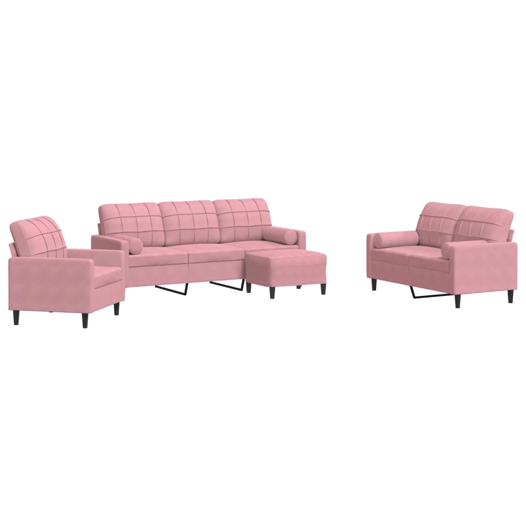 4 Piece Sofa Set with Cushions and Neck Rolls Pink Velvet