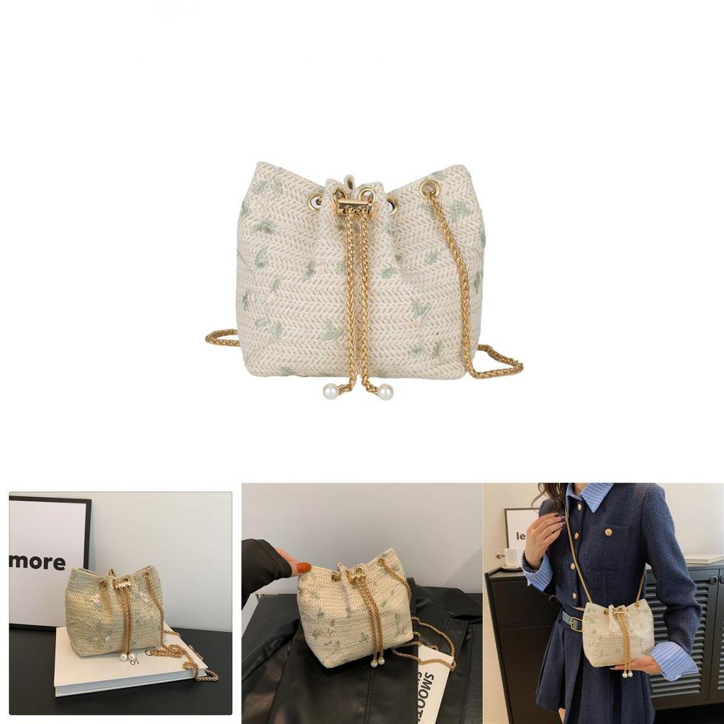 Literary National Style Large Straw Woven Drawstring Shoulder Bag With Chain