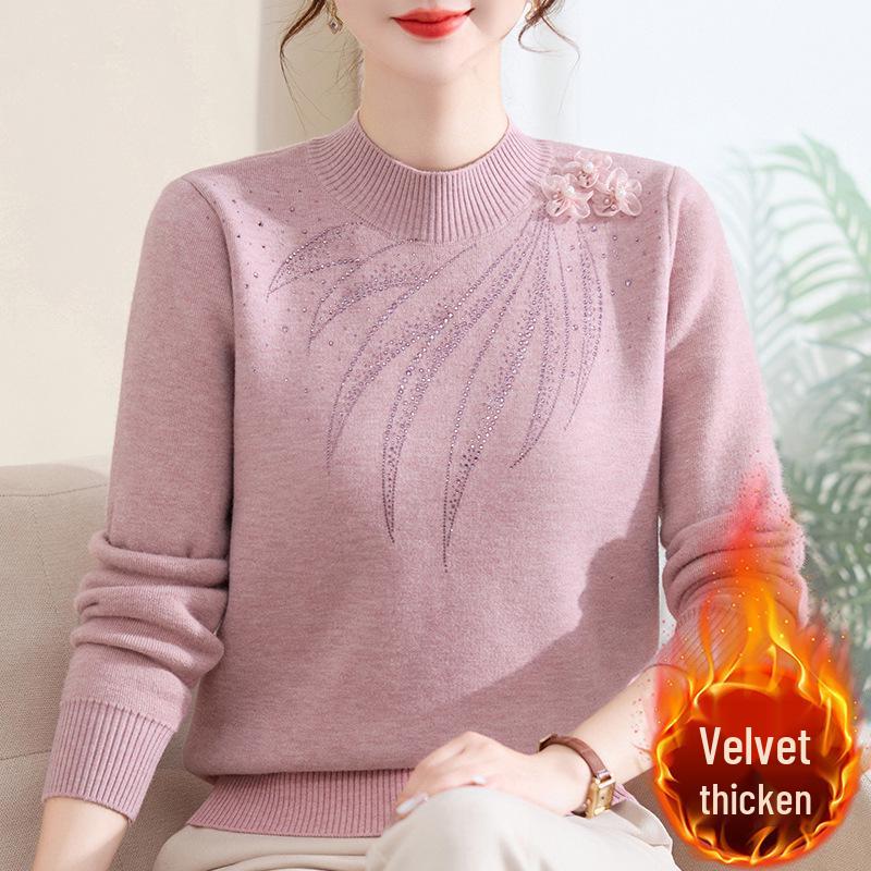 Mom's Warm Velvet Knit Sweater for Autumn & Winter - Ideal for Middle-aged & Elderly