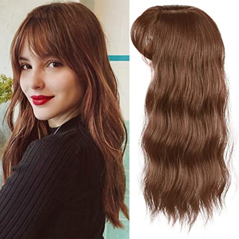 Body Wavy/Curly Hair Topper With Air Bangs For Women,Synthetic Hairpiece Clip in Hair Extension Add Volume Wig for Covering White Hair Hair Loss