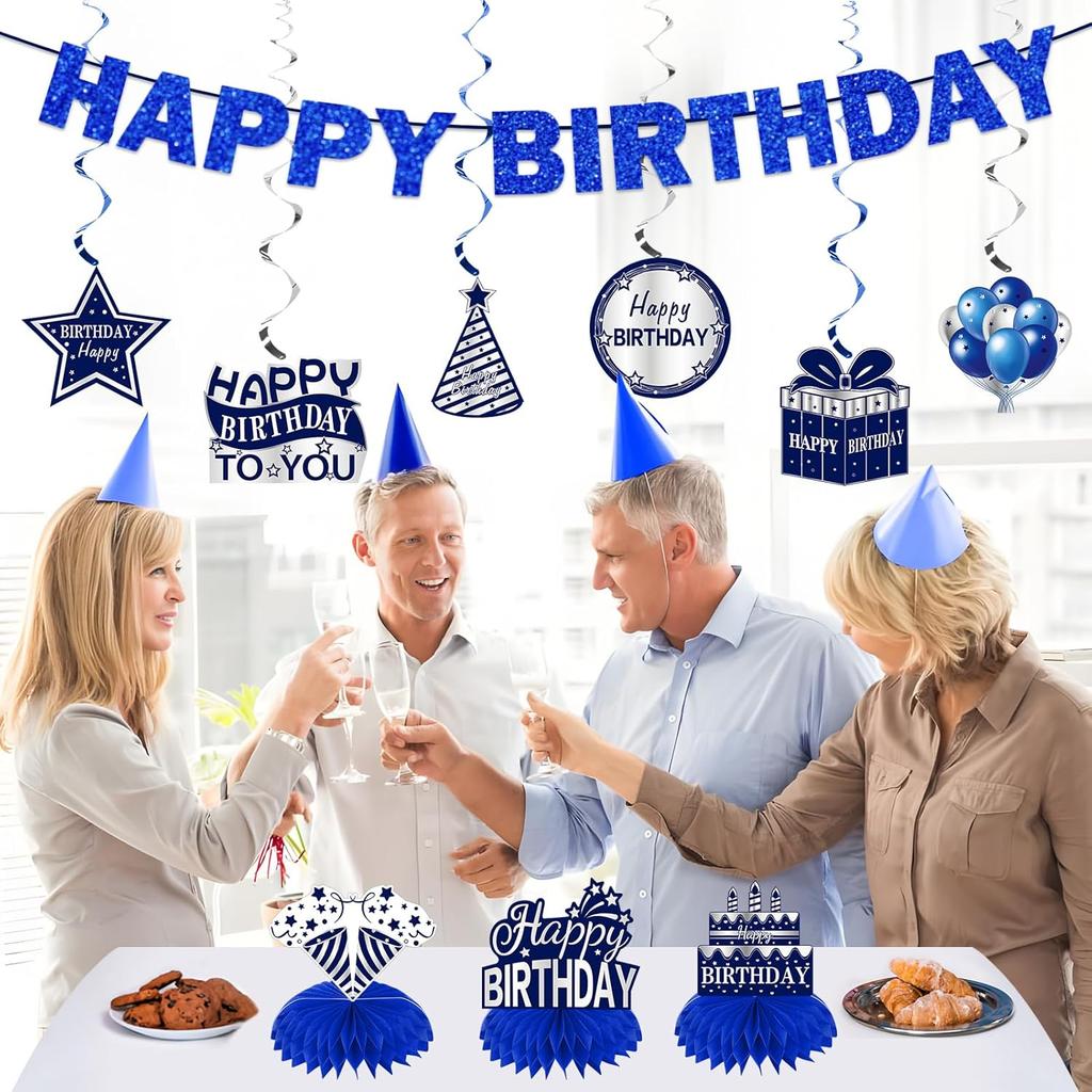 11Pcs Happy Birthday Decorations Kit for Men, Blue Sliver Happy Birthday Banner, Awesome Since Glitter Banner Party Supplies, Bday Decor Centerpieces