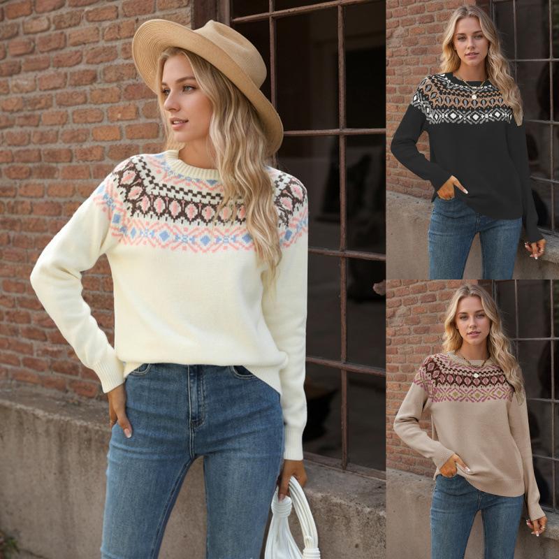 Ladies Autumn Winter Long Sleeve Round Collar Pullover Color Matching Warm Knitted Sweater Knitwear Top