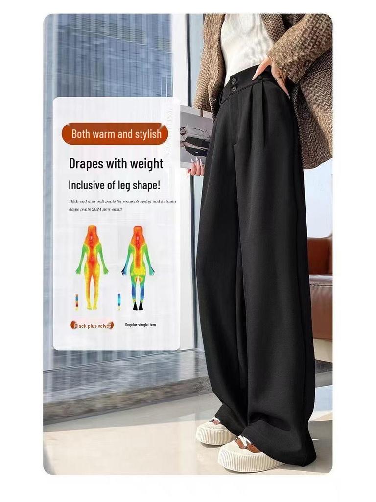 2026 High-End Black Women's Petite Wide-Leg Drape Suit Pants for Spring/Summer