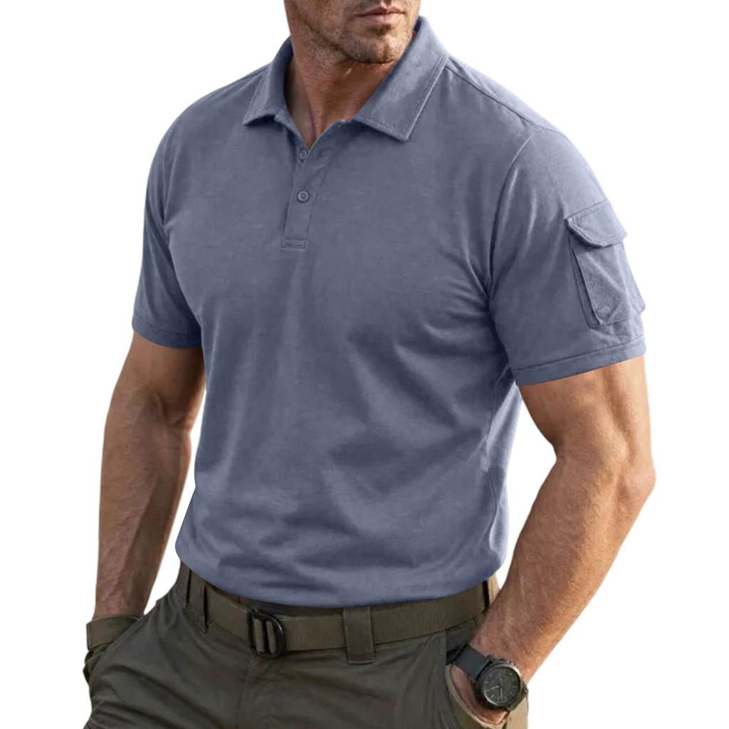 Men's Tactical Polo Shirt Short Sleeve Military Style Casual Shirt with Button Collar and Sleeve Pocket for Outdoor Work