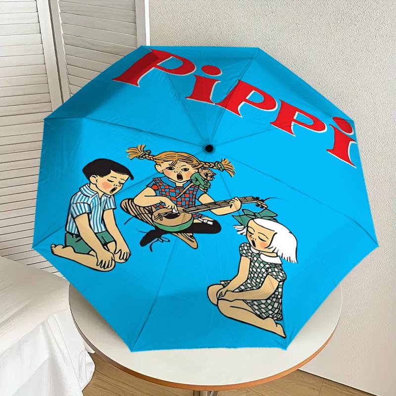 1 Stück Pippi Langstrumpf Regenschirm - 8 Speichen verstärkt, Automatisches Öffnen, Leicht & Langlebig, Niedliches Modeaccessoire für den Außenbereich, Strand oder Freizeit, Beac