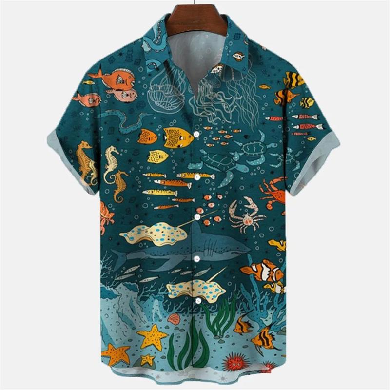 Marine Life Print Lapel Short Sleeve Men Shirt, Lightweight Loose Summer Casual Button Down Clothing