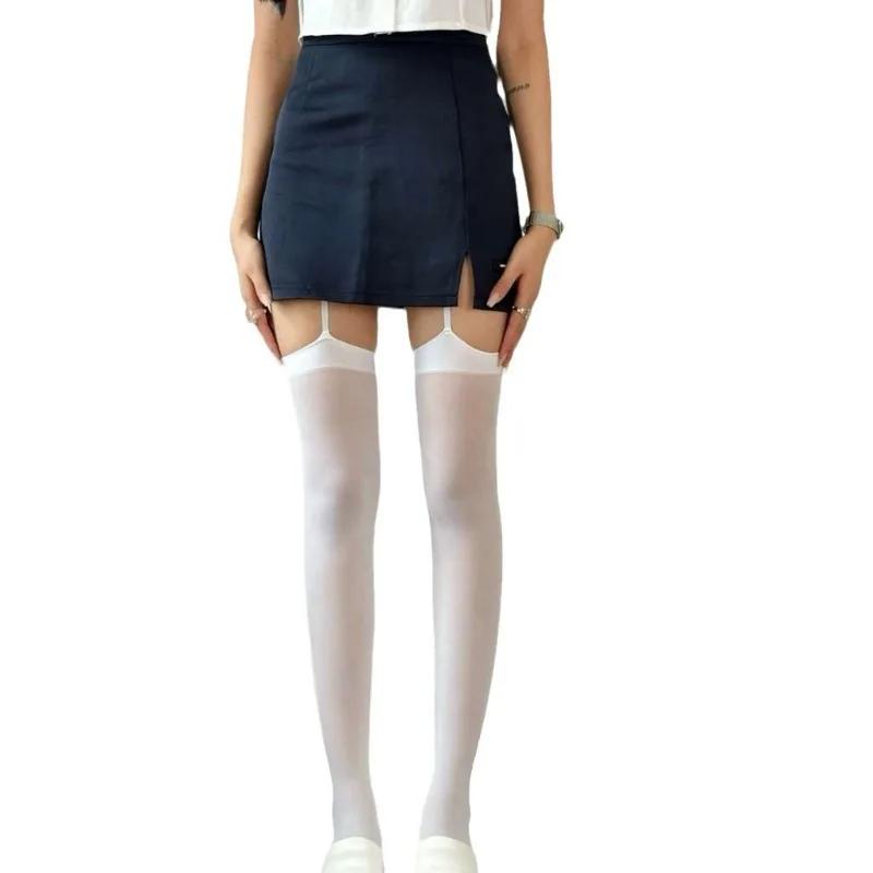 Women Sexy Suspender Thigh High Stockings Velvet Thin Black White Irregular Exposed Skin Lolita JK Japanese Knee High Socks